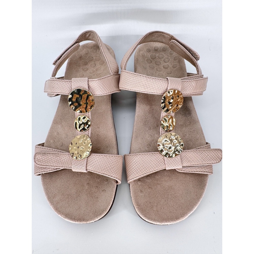 Vionic Farra Faux Lizard Sandals Womens 7 Tan Gold Medallion Orthotic‎ T-Strap